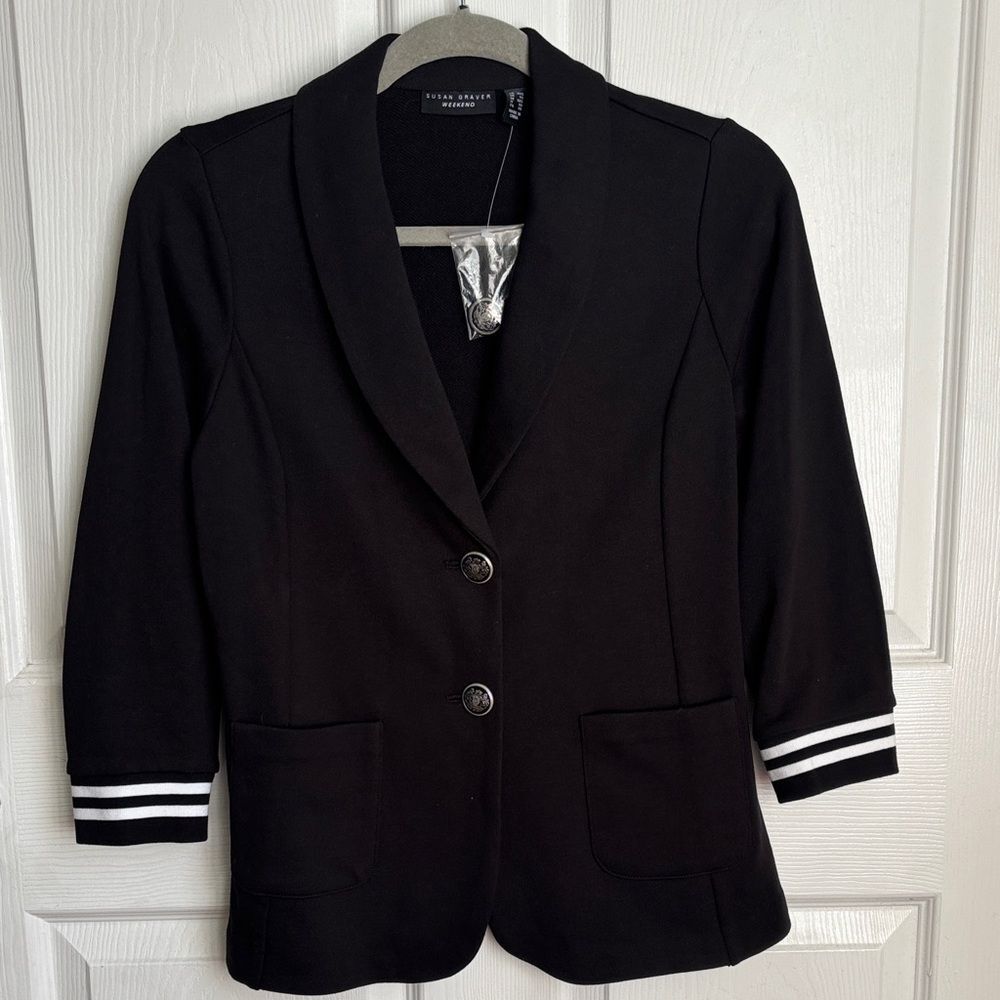 NEW Susan Graver Black Captains Blazer White Stripe Cuffs Nautical old Money XXS